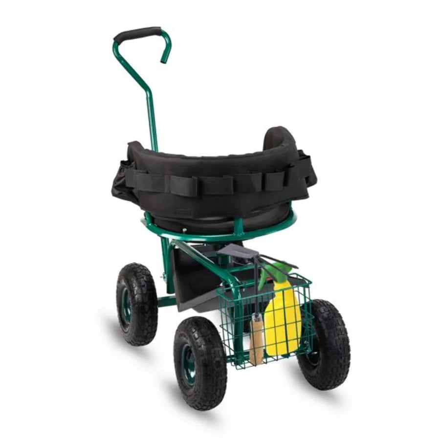 Rolling Garden Cart With Cushioned Backrest And Swivel Seat
