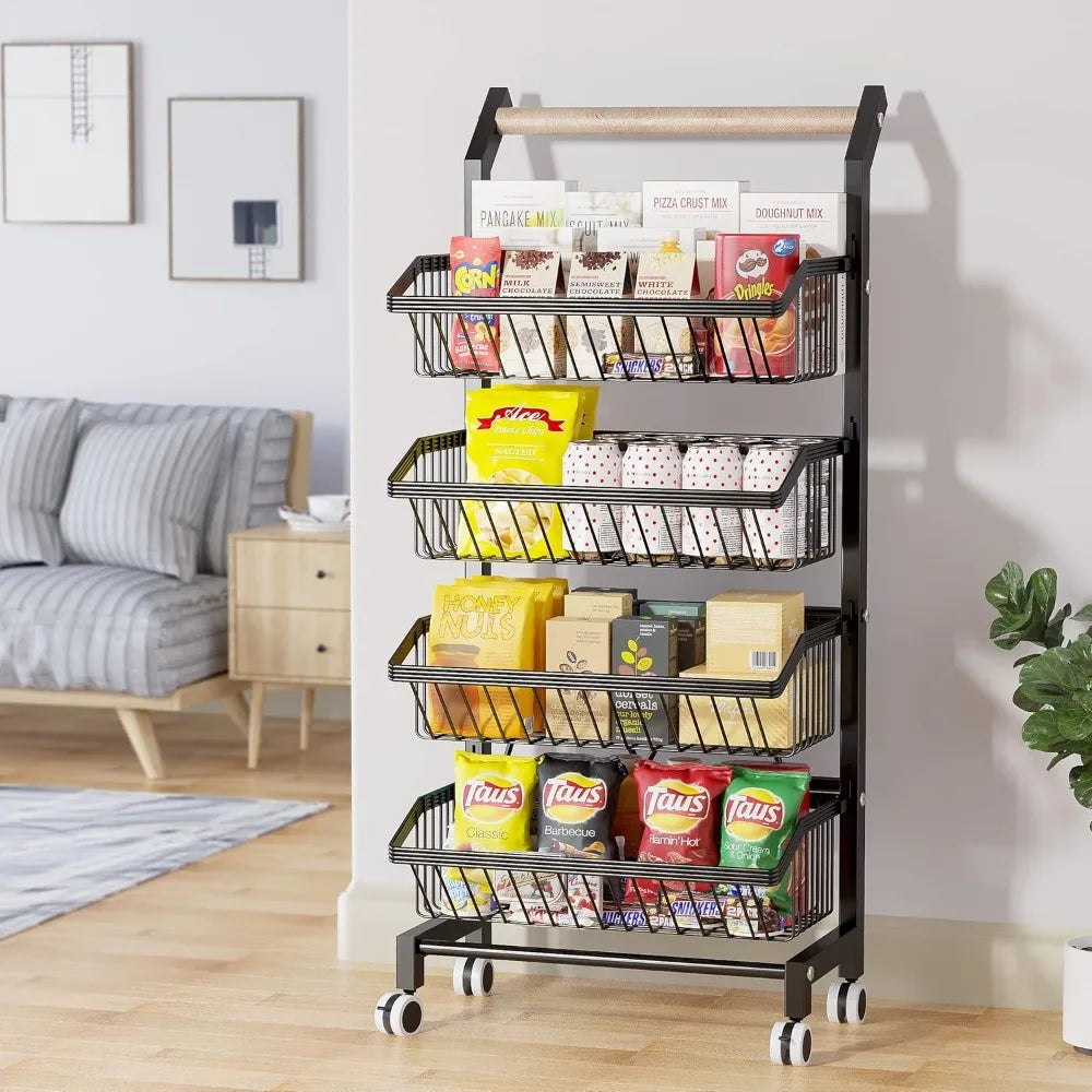 Snack Cart With Wheels 4 Tier Adjustable Fruit Rack